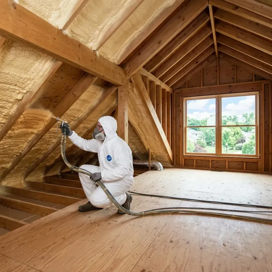 Worker in white protective gear spraying foam insulation inside an attic structure.