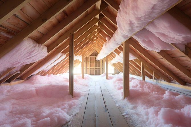 Attic with exposed wooden beams and rafters, lined with pink insulation along the walls and floor.