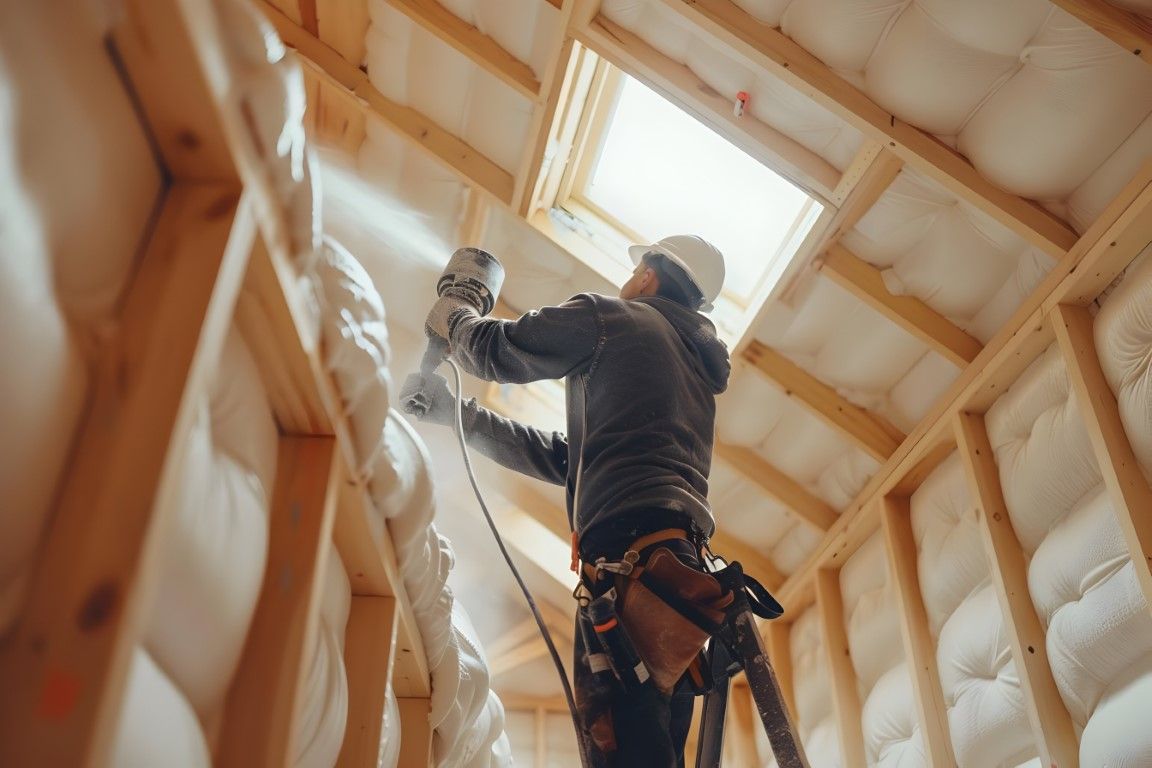 Worker installing insulation in an unfinished attic with exposed wooden rafters and a skylight.