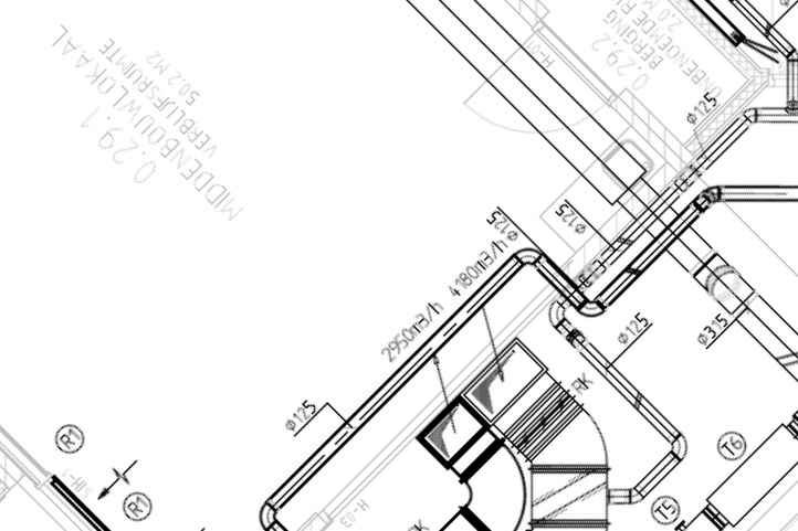 Gedeelte installatietekening luchtkanalen en airsocks schoollokaal