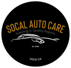 The logo for socal auto care is a black circle with a car on it.