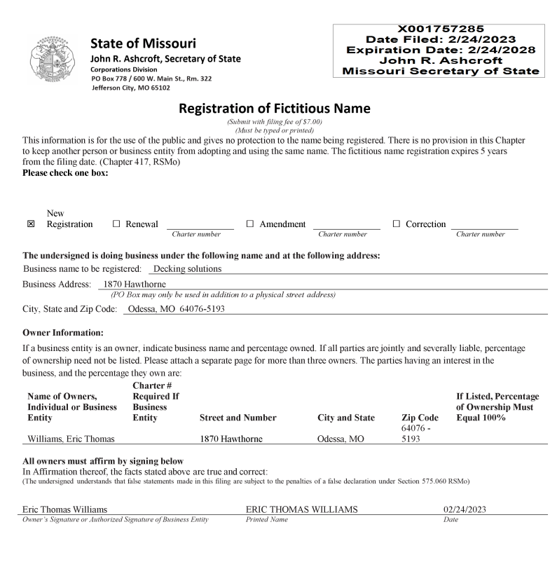 Missouri fictitious name registration form.