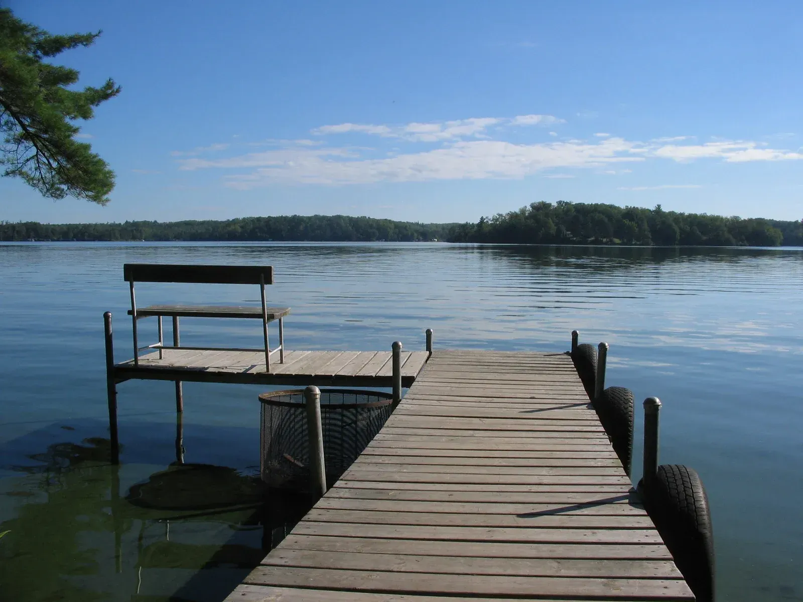 Dock with wood planks, partly stained, near a lake with boats and trees under a blue sky.
