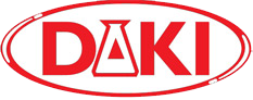 Un logo rouge et blanc pour daki est sur fond blanc.