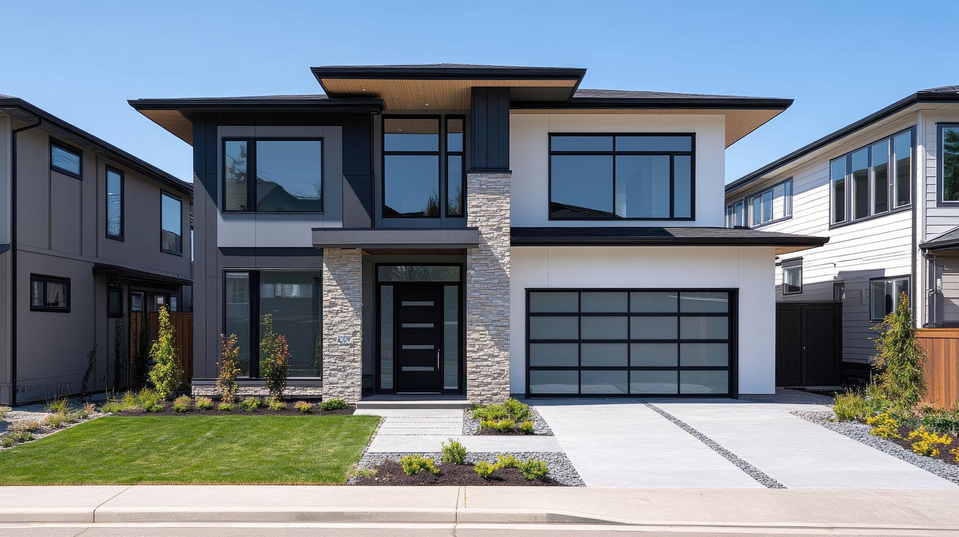 Modern two-story house with gray, white, and stone facade, glass garage door, and concrete driveway.