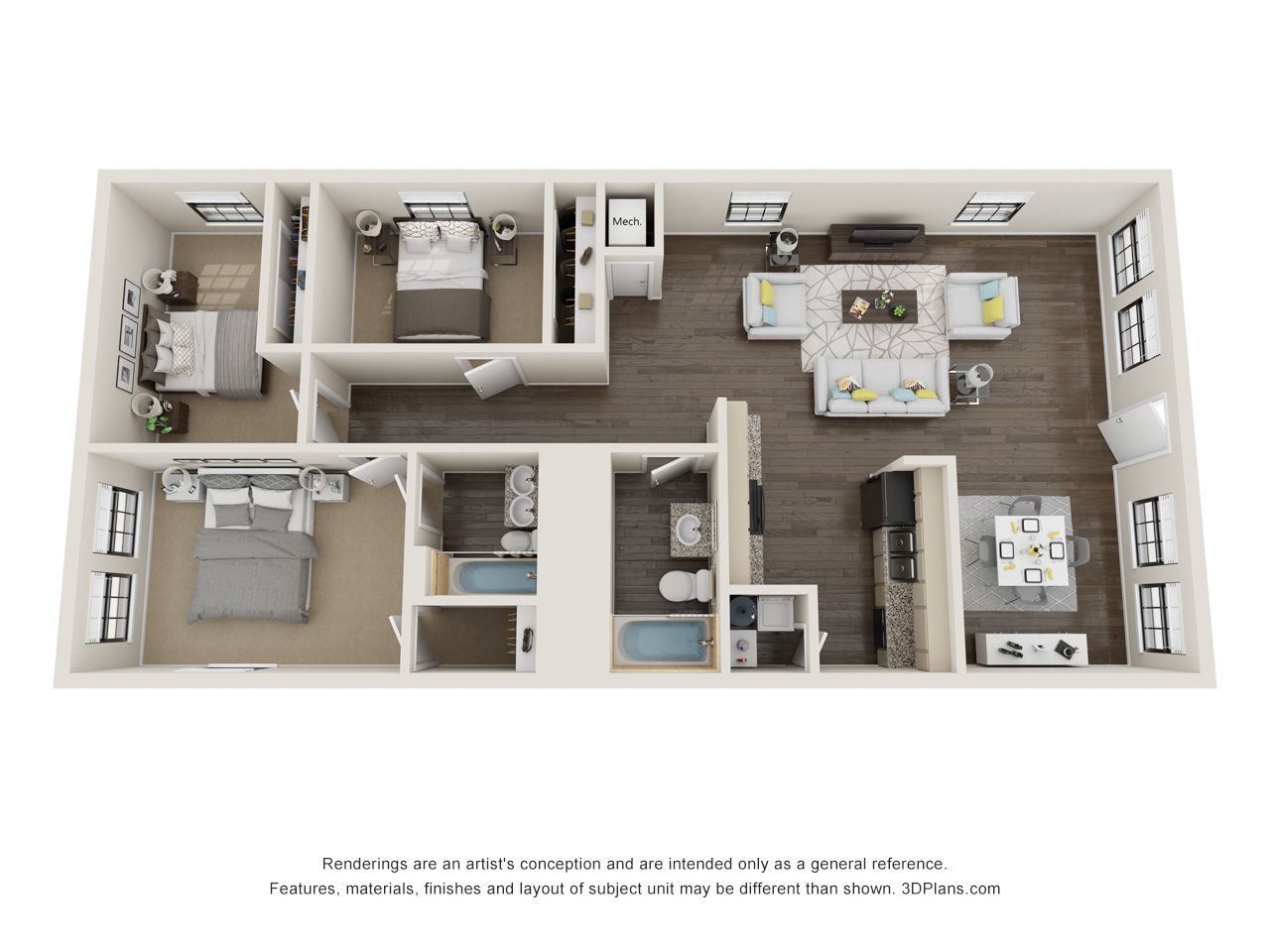 A 3d floor plan of a house with a living room , bedroom , and bathroom.