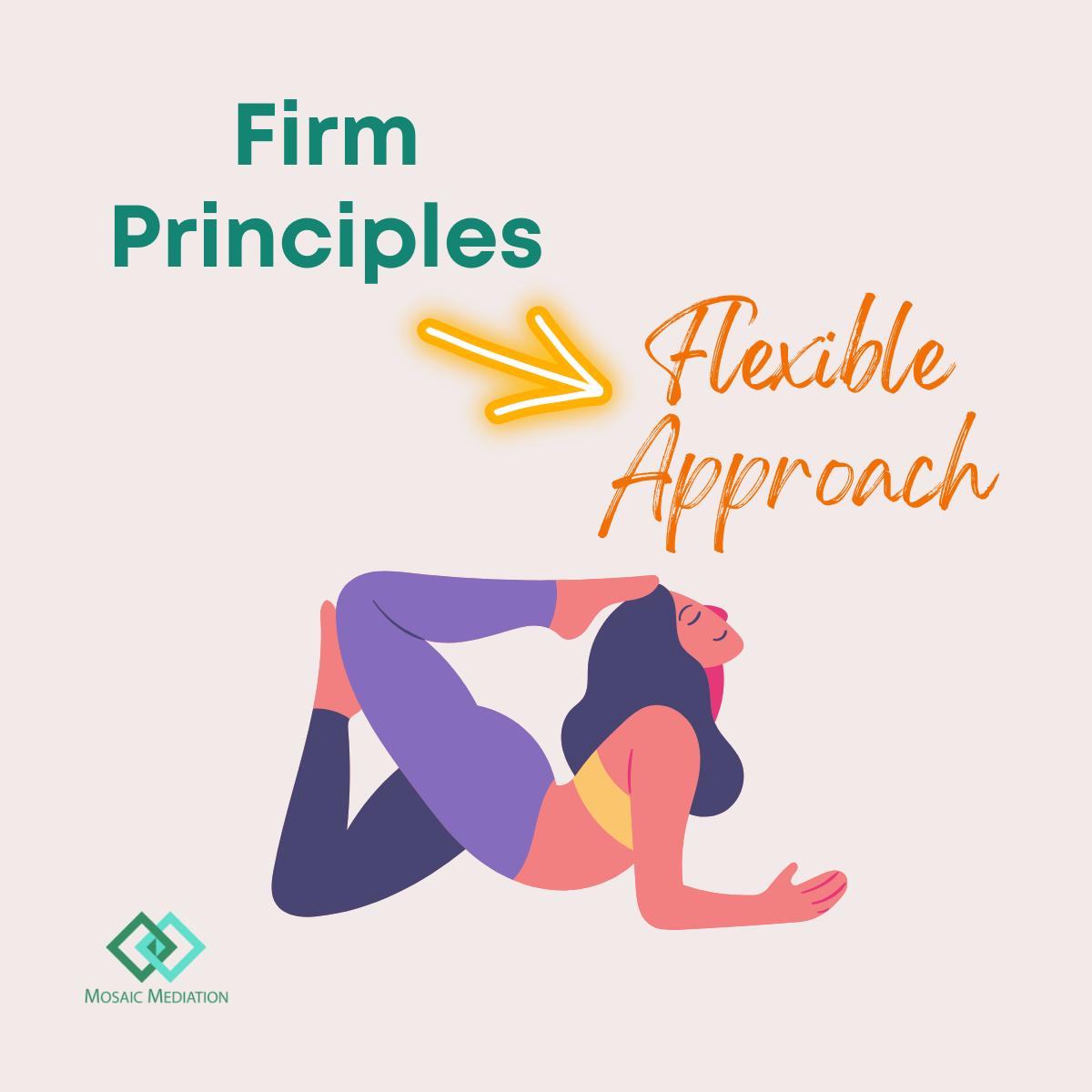 Text: Firm Principles - Flexible Approach. Image: Person holding a yoga pose. Logo: Mosaic Mediation