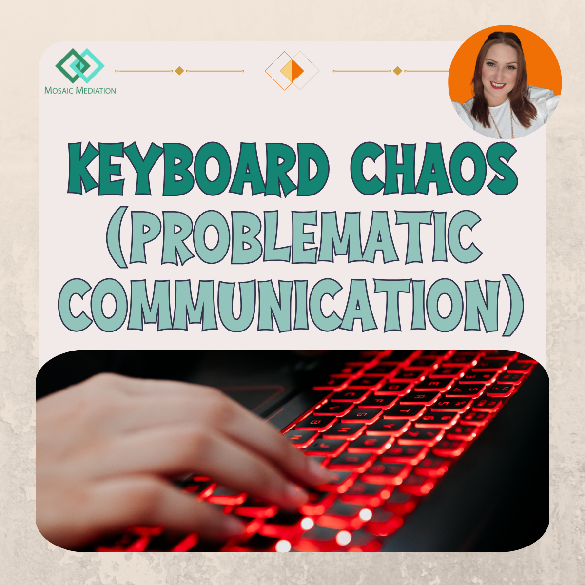 'Keyboard Chaos: Problematic Communication'. Image: Hand typing on a keyboard.