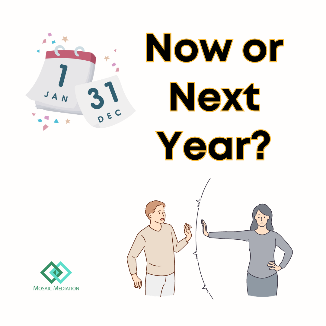 Image of two people arguing. Text: 'Now or Next Year?'