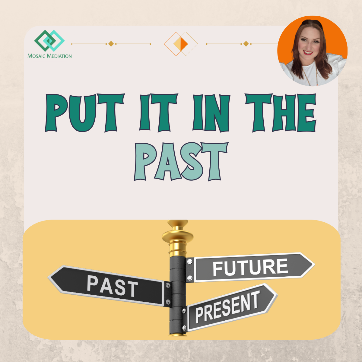 Text: Put it in the PAST. Image: 'Memory Lane' sign beside a barrier, in front of a road.