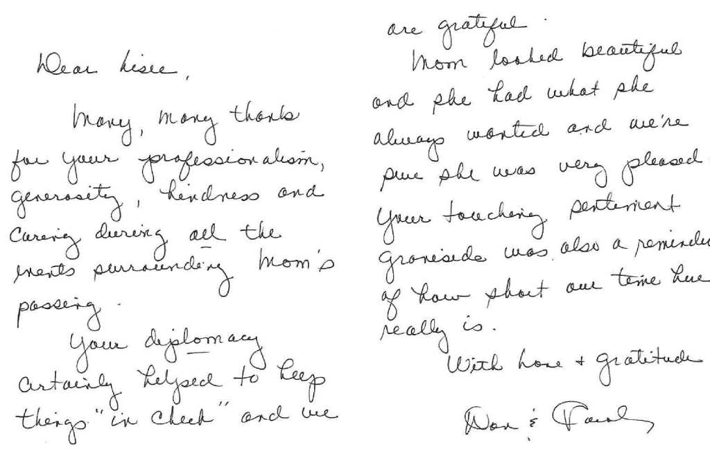 letter review sent to funeral home