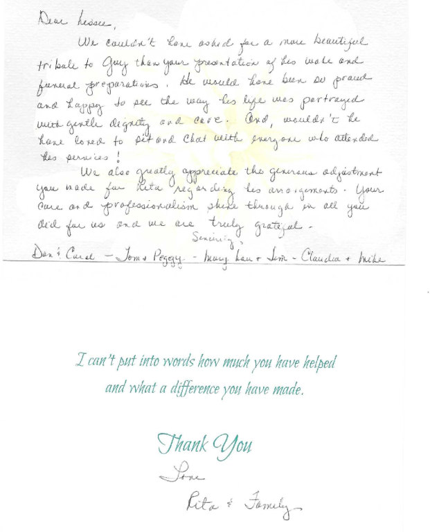 letter review sent to funeral home