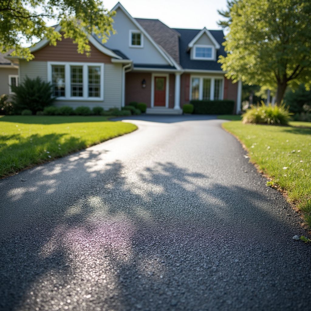 Asphalt driveway leading to a two-story house with red door; green lawn, trees, sunny day.