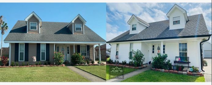 A before and after picture of a house with a gray roof