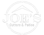 Logo for Joe's Gutters & Patios: text "JOE'S" over "Gutters & Patios" with a roof outline, all inside a circle.