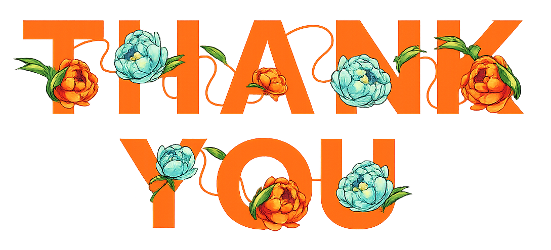 Orange “THANK YOU” text decorated with blue roses on a white background