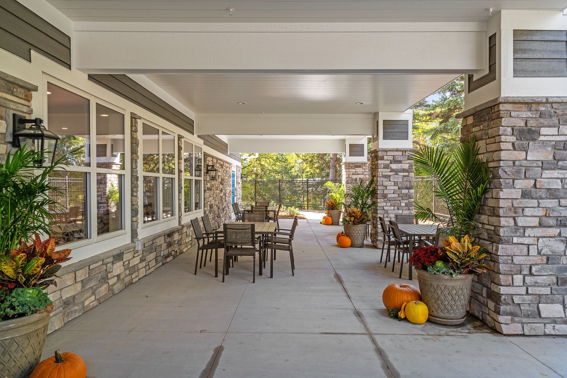 A patio with tables and chairs and pumpkins on the ground