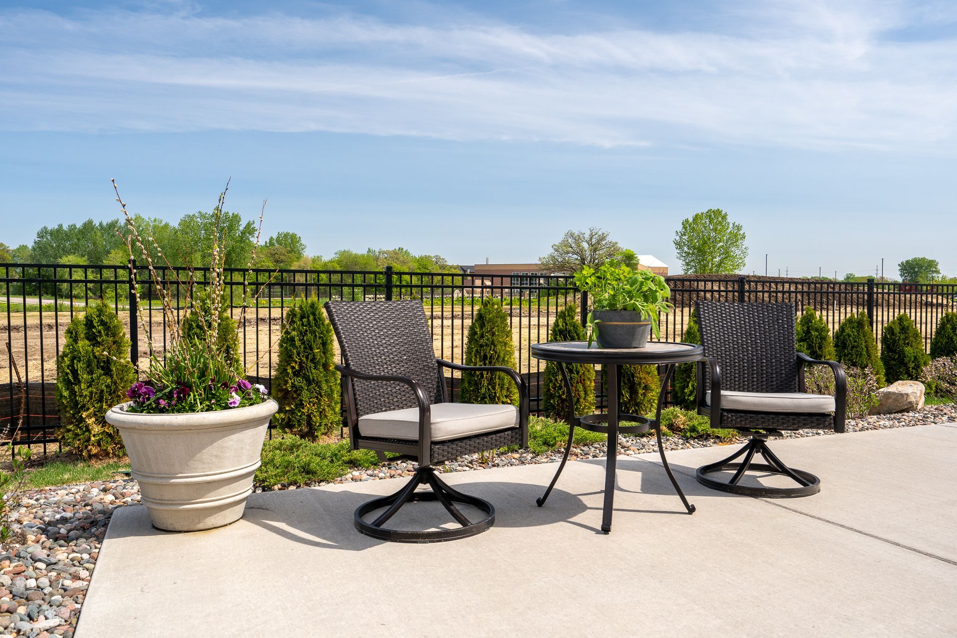 A patio with a table and chairs and a potted plant.
