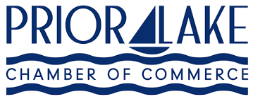 The prior lake chamber of commerce logo is blue and white with waves.