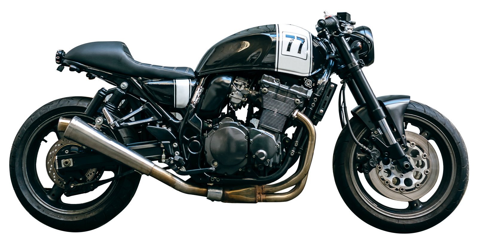 A black motorcycle is parked on a white background.