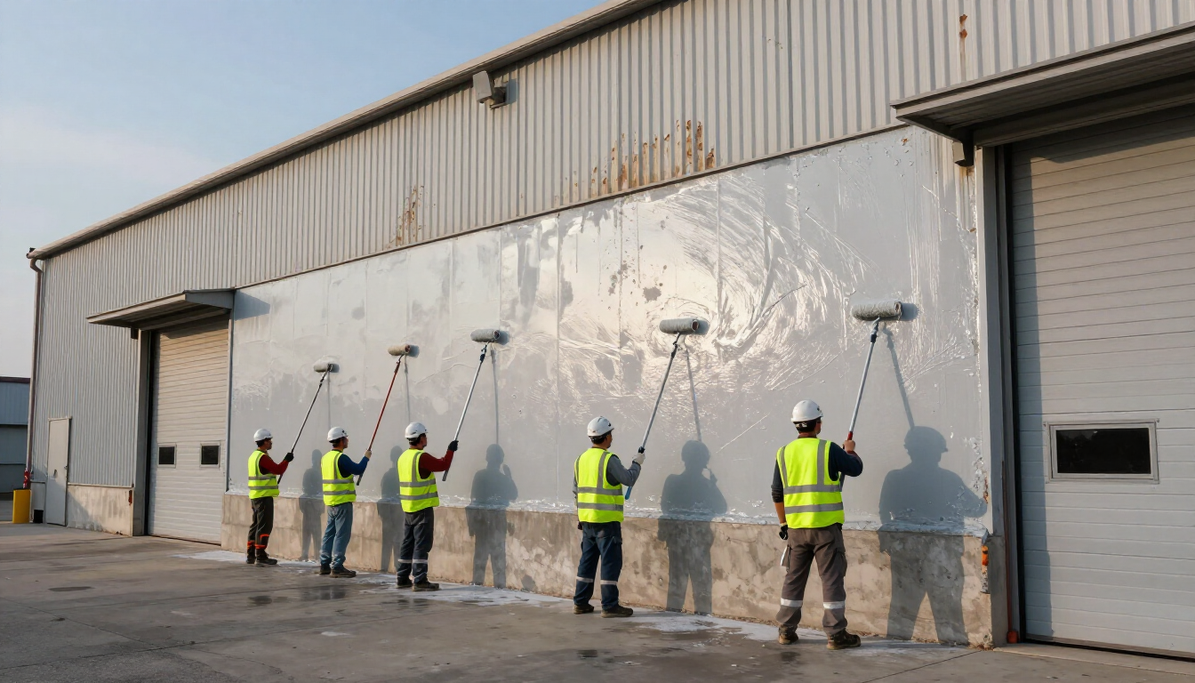 Professional commercial painting crew working on an industrial building.