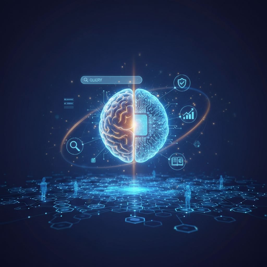 Digital brain with circuitry, glowing lines, and data symbols against a dark blue background.