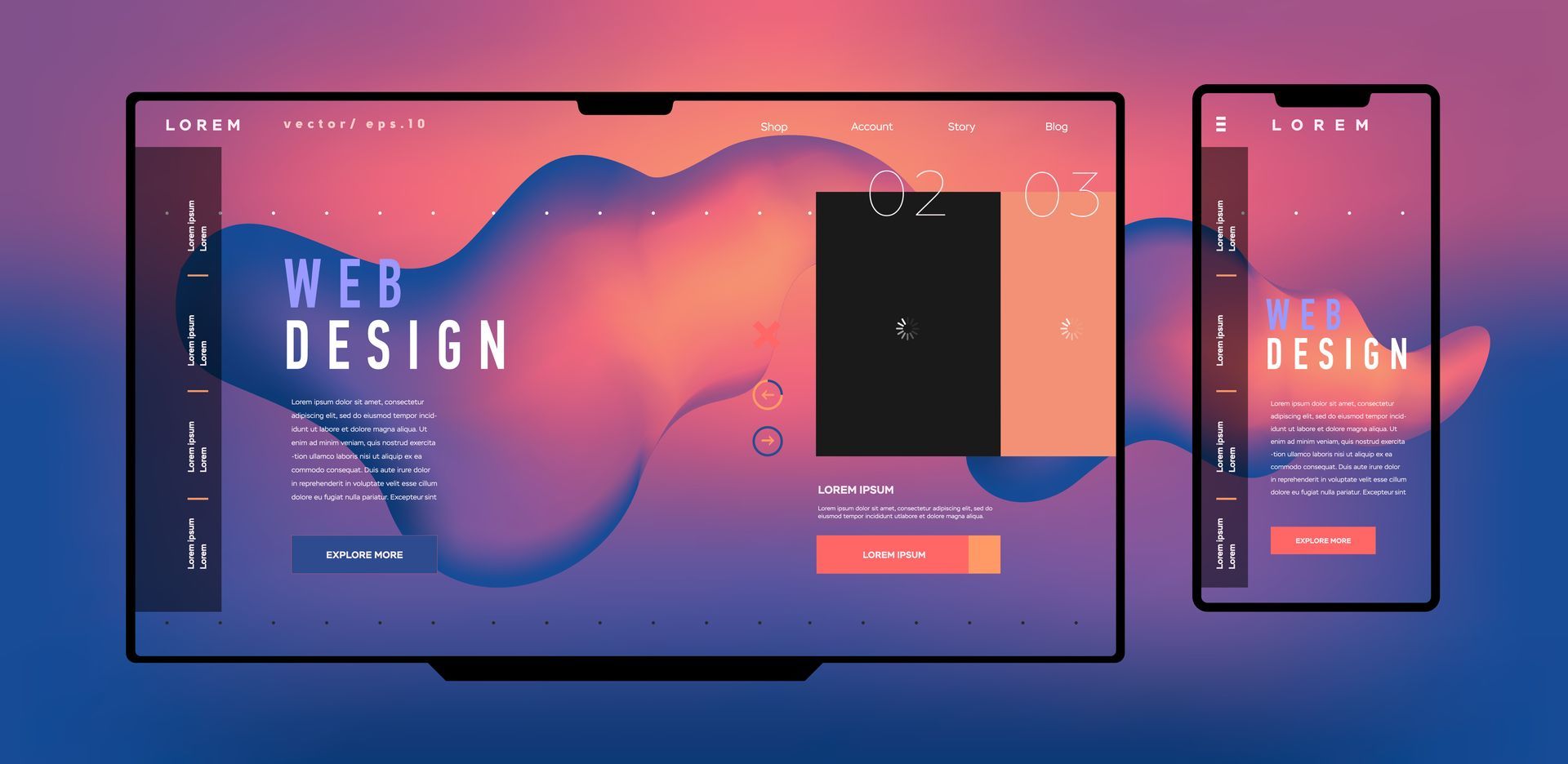 A web design landing page is shown on a television and a cell phone.