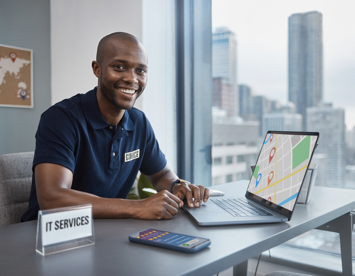 A smiling IT professional sits at a desk in a high-rise office with a laptop displaying a map and a calculator nearby.