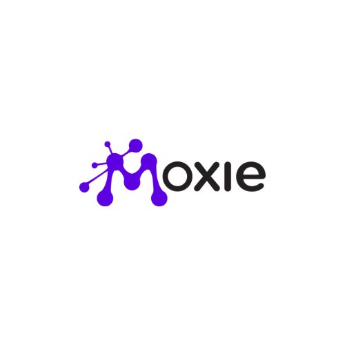 A purple and black logo with the word moxie on a white background.