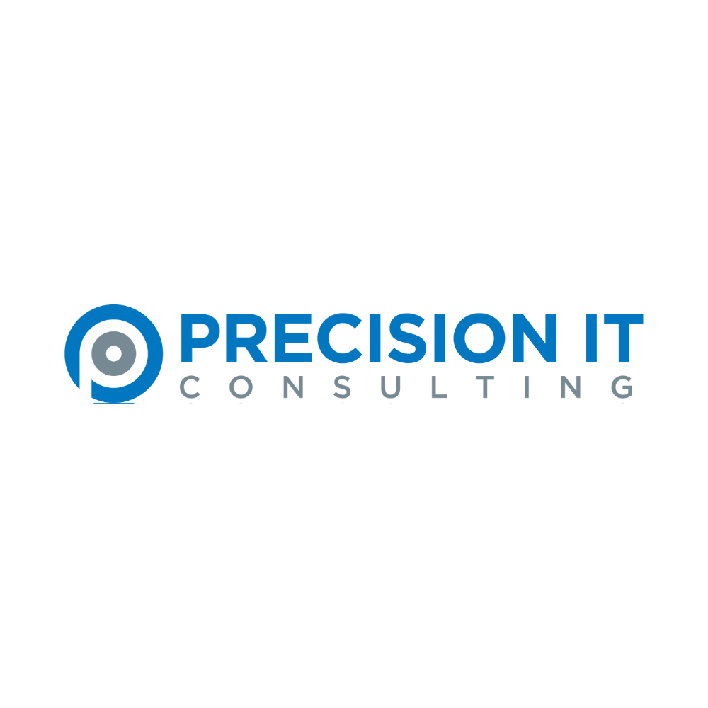 The logo for precision it consulting is blue and white.