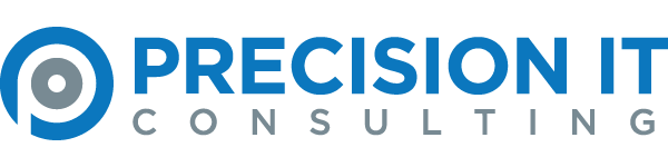 The logo for precision it consulting is blue and white.