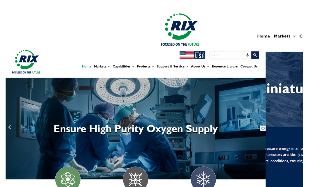 A screenshot of the RIX Industries home page and service page with a submarine as the main image. 