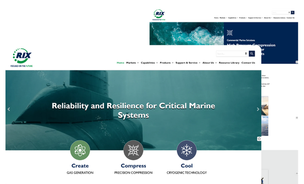 A screenshot of the RIX Industries home page and service page with a submarine as the main image. 