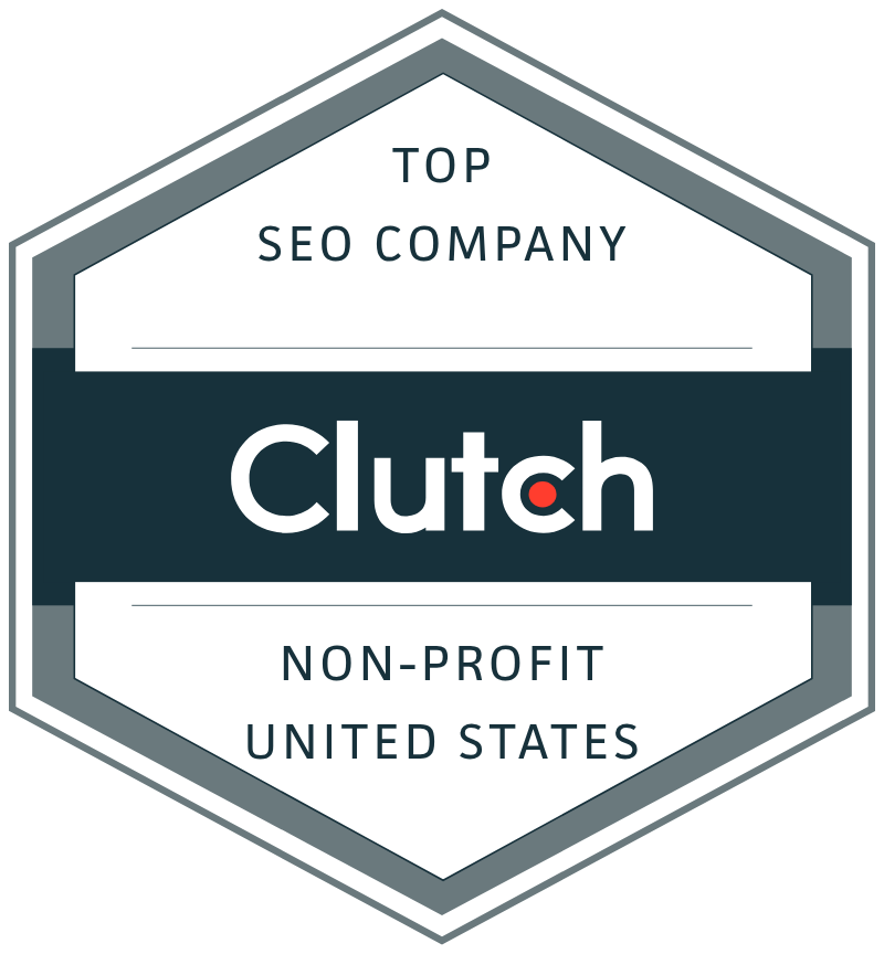 Clutch Top SEO Company award badge for US Non-Profits. Hexagon design with dark blue and gray.