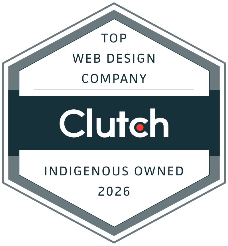 A hexagonal Clutch badge for a 2026 Top Web Design Company that is Indigenous Owned, featuring a dark blue and grey design.