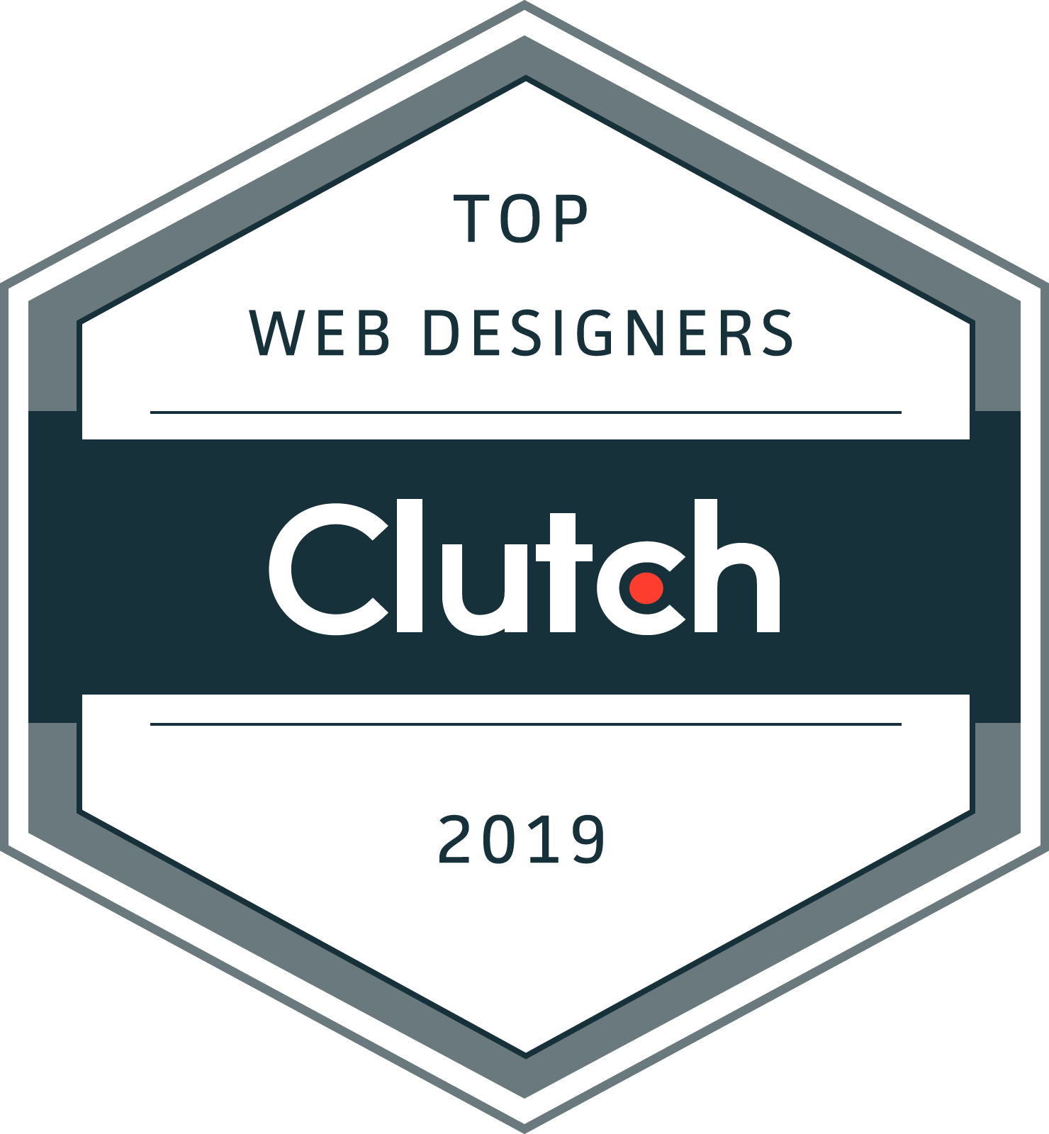 A grey hexagonal award badge from Clutch, labeled