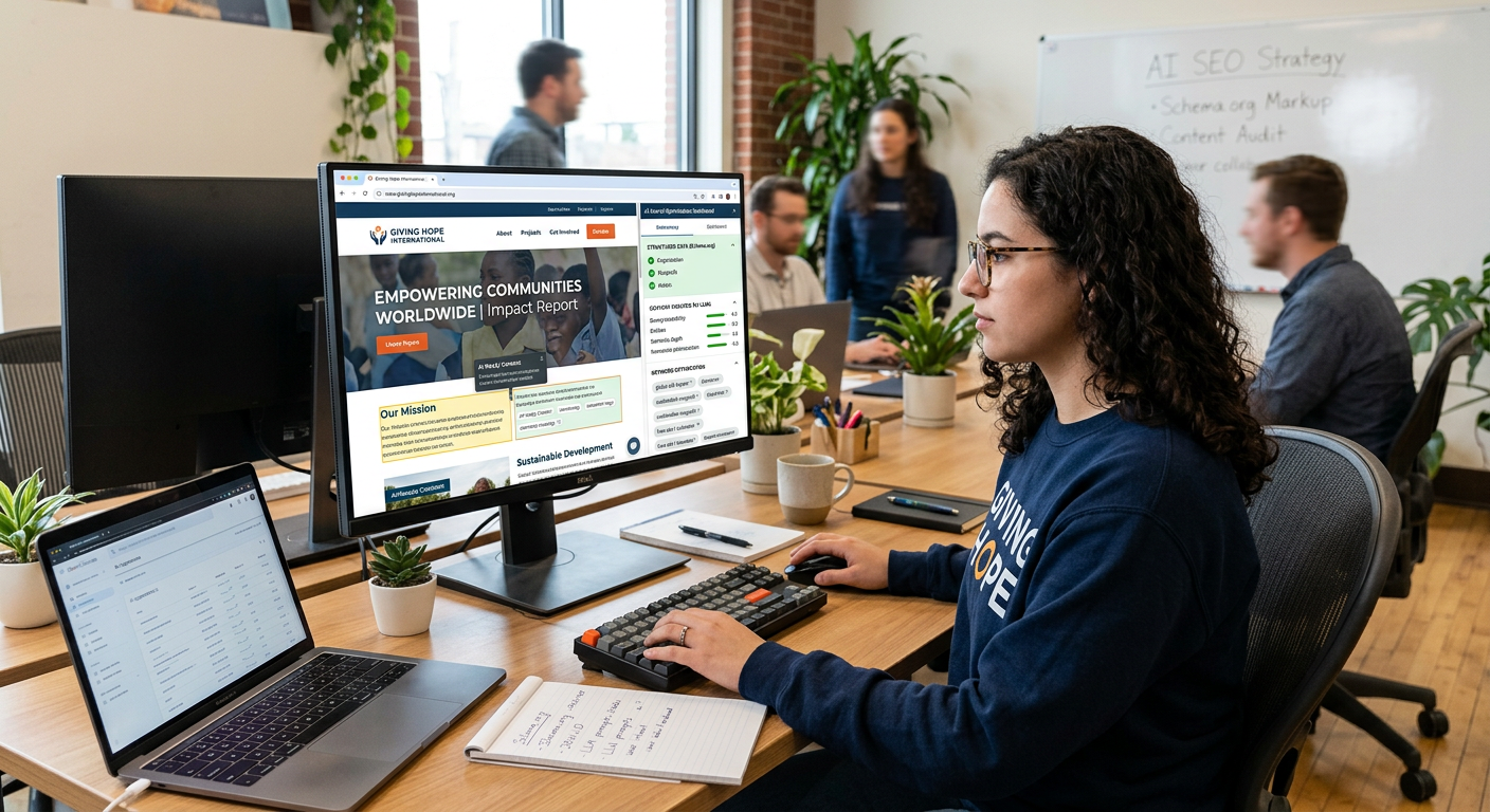 A person sits at a wooden desk in an office, working on a computer while other colleagues collaborate in the background.