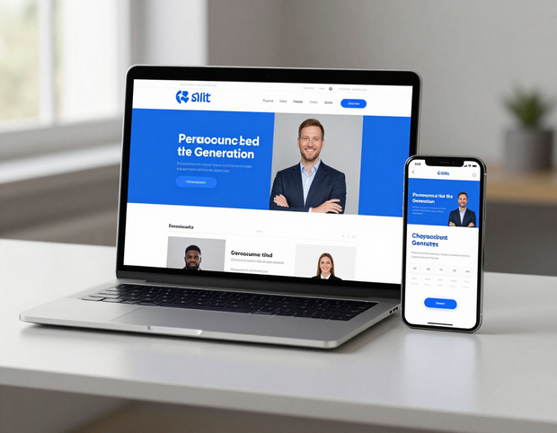 Laptop and phone displaying a blue financial services website on a desk