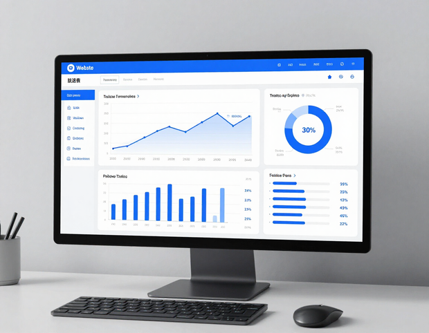 Desktop monitor showing a blue analytics dashboard with charts and graphs on a desk