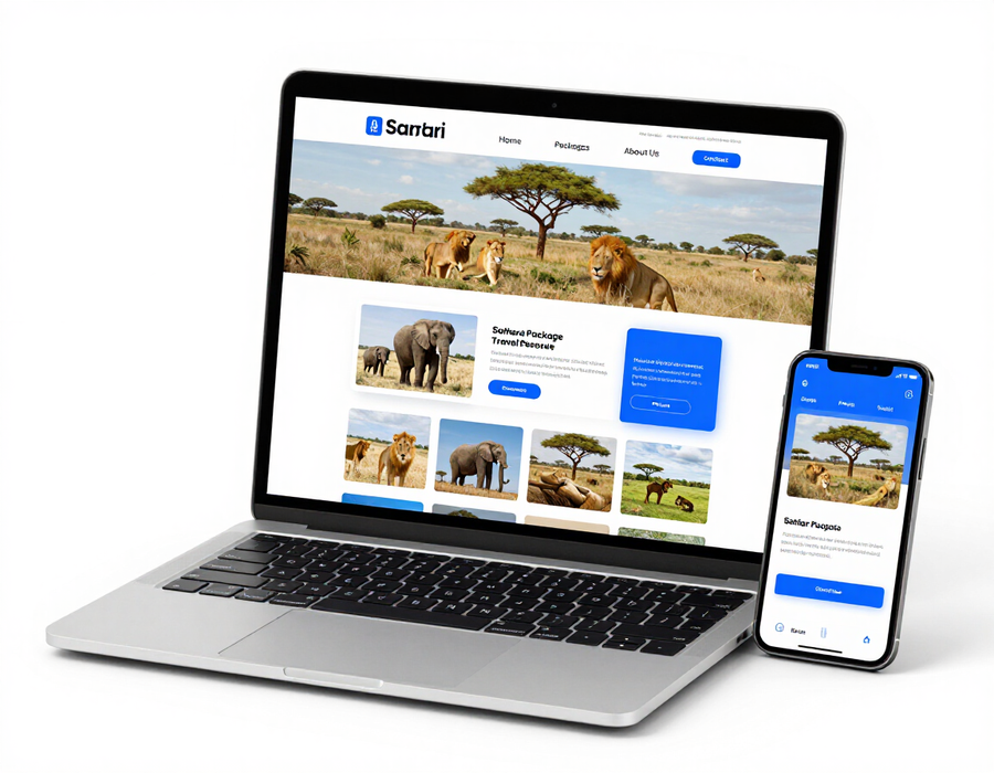 Laptop and smartphone displaying a safari travel website with wildlife photos and blue accents