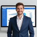 Smiling man in a blue suit standing before a hotel dashboard display with charts and graphs