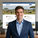 Man in blue suit standing before a website mockup with safari vehicles and a smiling profile photo