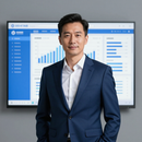 Man in a navy suit standing before a dashboard display with blue charts and graphs