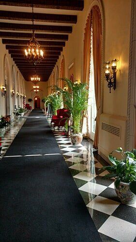 Elegant hotel hallway with chandeliers, dark carpet, black-and-white tile, and potted plants along the wall
