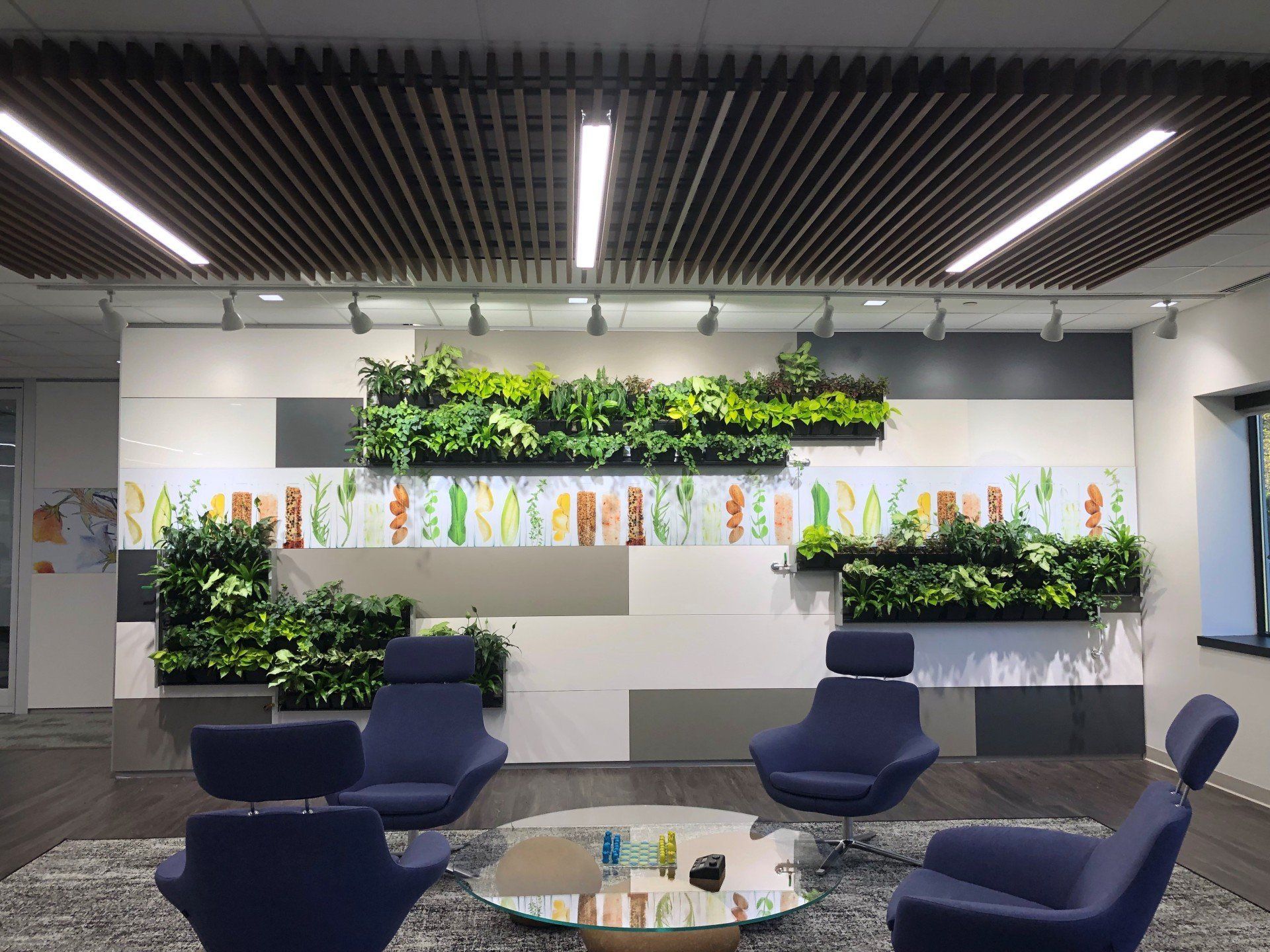 Modern lounge with blue chairs, round table, and wall-mounted green plant displays under bright ceiling lights