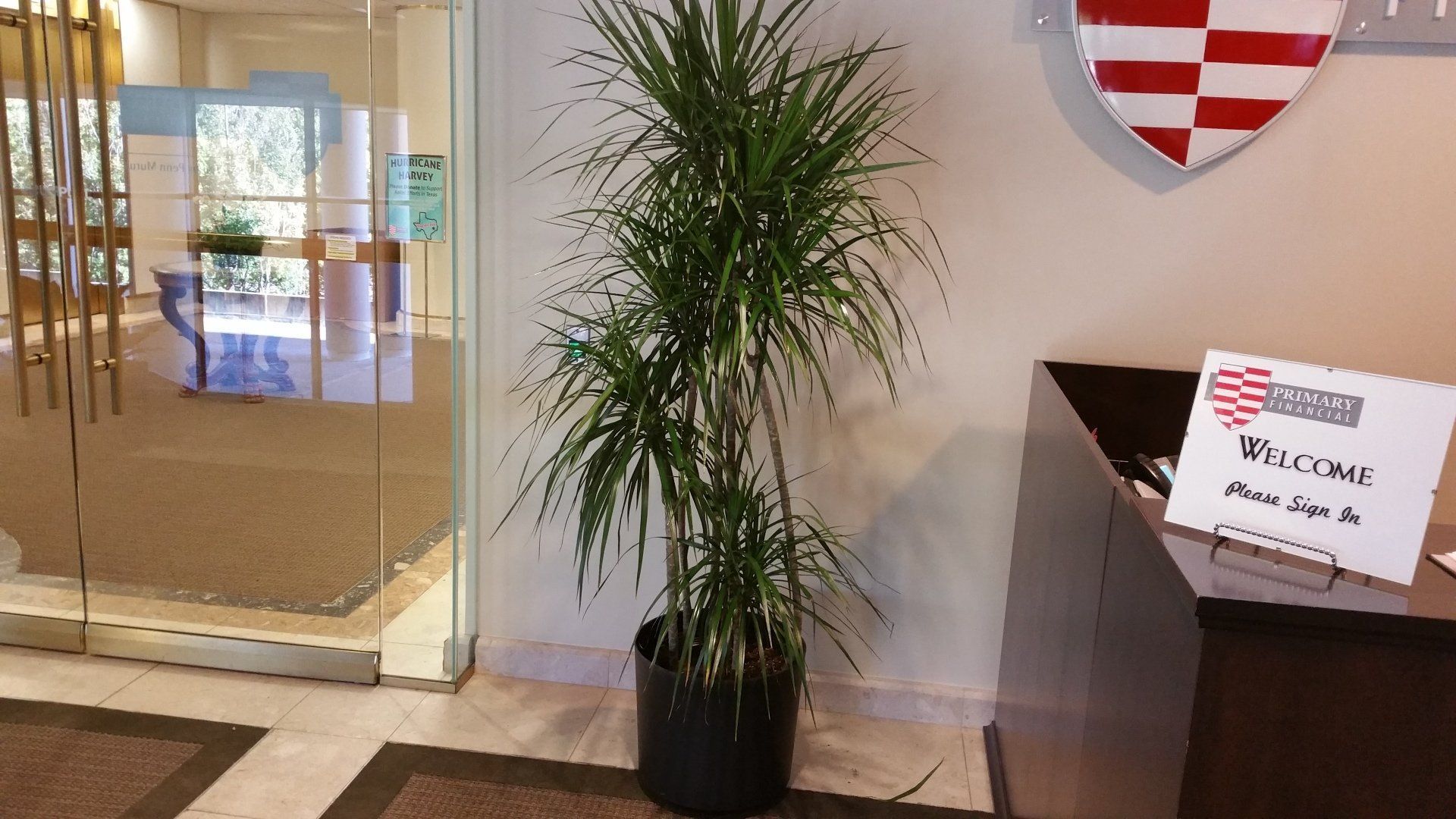 Lobby entrance with glass doors, potted plant, and a welcome sign on a counter