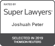 A logo for super lawyers rated by Joshuah Peter selected in 2019 by Thomson Reuters.