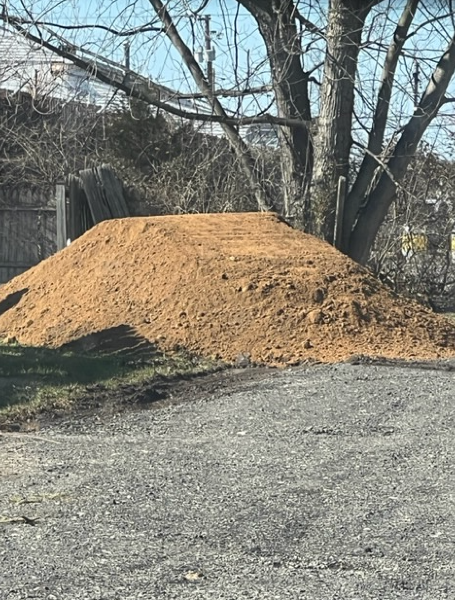 A pile of dirt is sitting on the side of the road next to a tree.