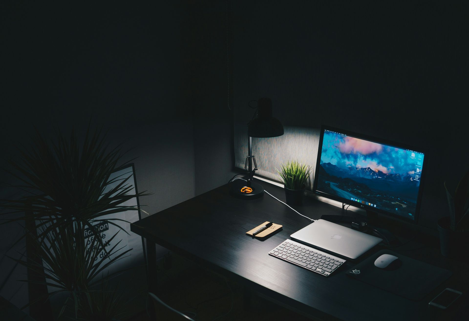 Dark room with a lit desk. Computer, keyboard, and lamp are visible. A small plant sits near the screen.
