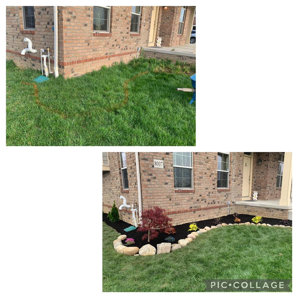 Before and after photos of a house. The after shows a freshly mulched flowerbed with plants and border rocks.